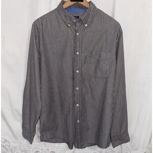 Chaps Easy Care Button Up Men's Large Charcoal & Wh Stripes Wrinkle Free No Iron